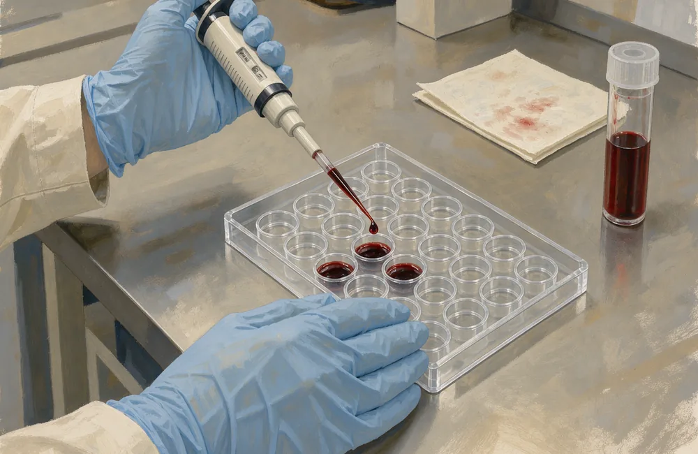 A technician transferring a blood sample into an unmarked laboratory plate
