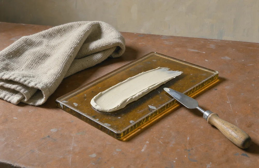 A cream swatch on a glass tile beside a folded cloth and a small spatula