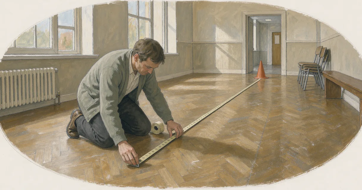 A technician laying a measuring tape along an empty indoor walking course
