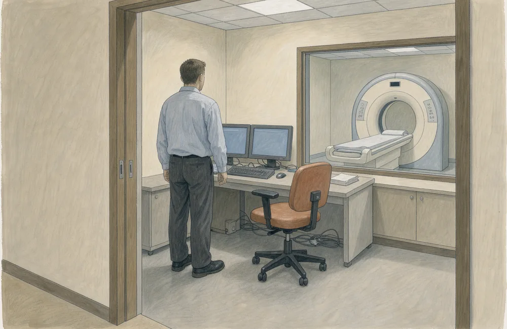 An MRI technician standing in a control room beside an empty scanner
