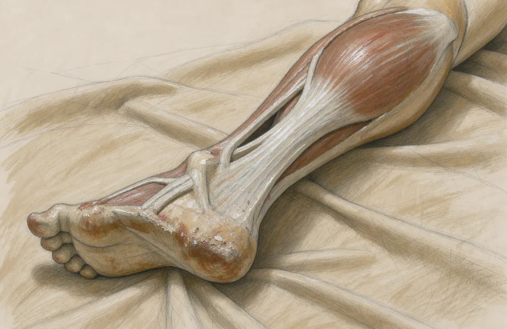 A lower-leg teaching model showing the Achilles tendon beside its heel attachment